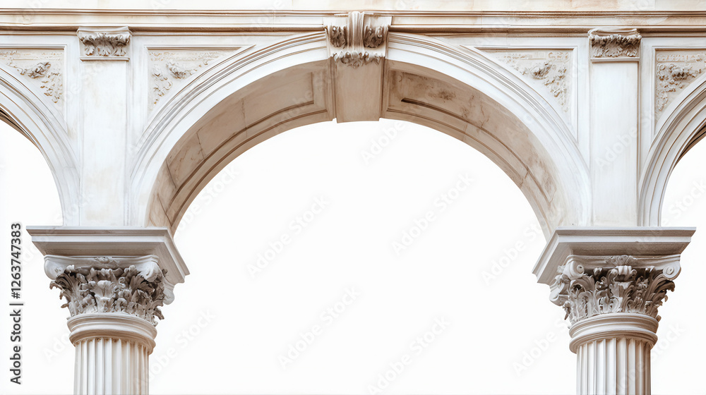 Naklejka premium Antique vintage ancient greek archway columns. Classic roman architectural design. Vintage stone archway of Constantine isolated on white, colonnade in the city. Arches of the ancient roman theatre