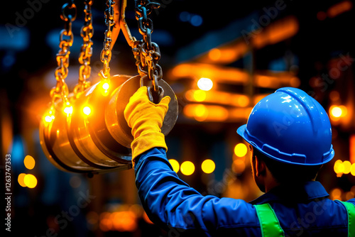 A man in a hard hat and safety vest holding a large metal object photo