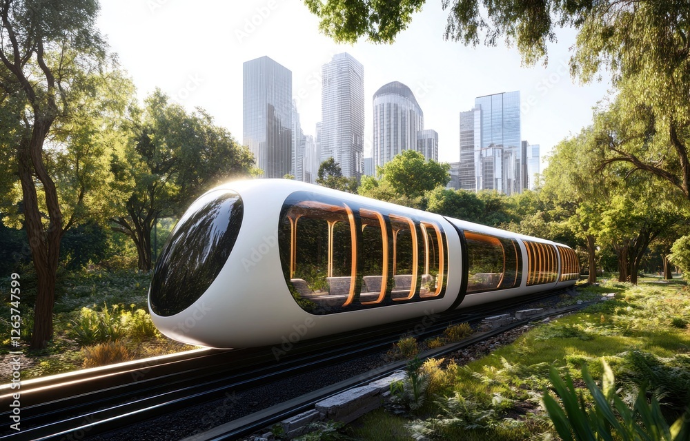 Naklejka premium Futuristic Train in Urban Park: Eco-Friendly Transportation Concept