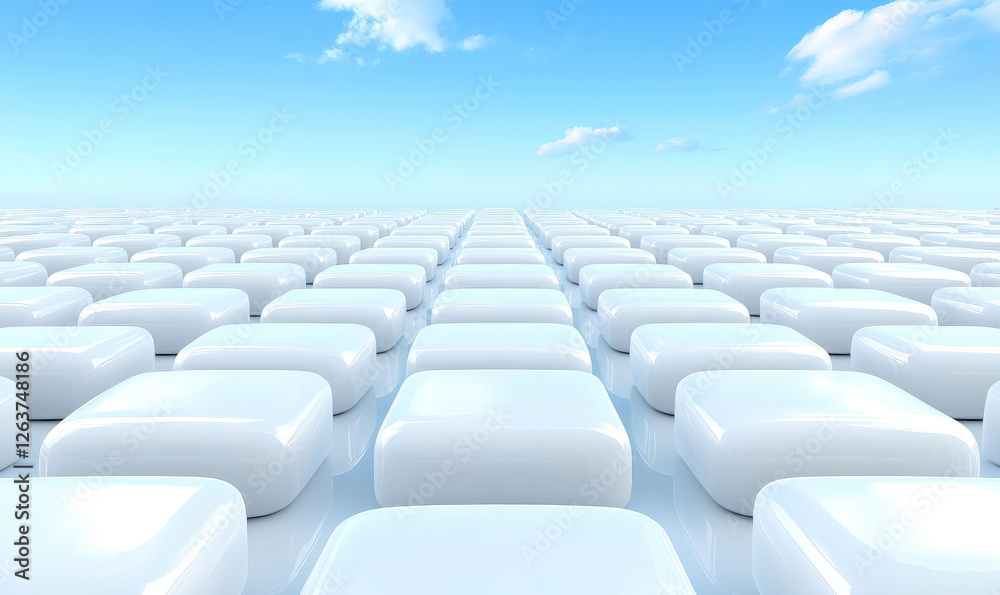 Fototapeta premium Abstract seamless pattern of glossy white cubes on a reflective surface under a bright blue sky with fluffy clouds creating a serene and modern atmosphere