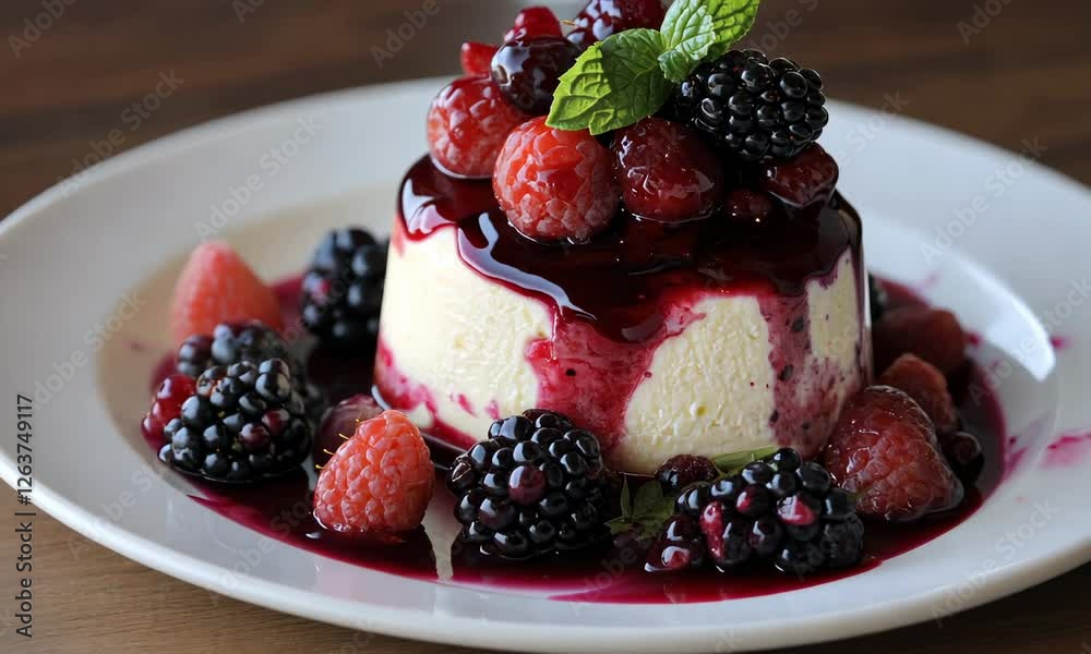 Creamy cheesecake topped with mixed berries and a sweet berry sauce Creamy cheesecake topped with mixed berries and a sweet berry sauce