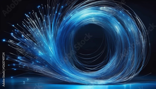 Blue optical fibers in dark space. 