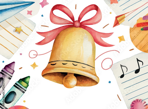 Watercolor Back to School Bell with Ribbon and School-Themed Elements

