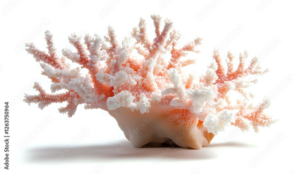 Pink coral branch with white accents isolated on white background, marine life specimen showing delicate natural structure and patterns. Pink coral branch with white accents isolated on white background, marine life specimen showing delicate natural structure and patterns.