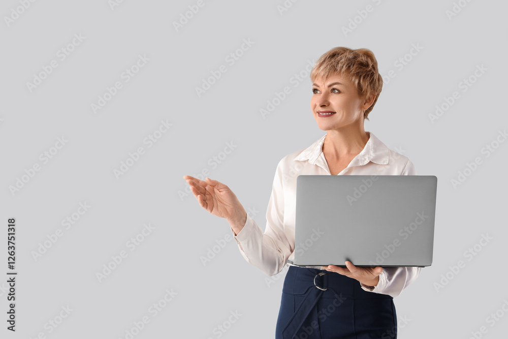 Mature businesswoman with laptop on white background Mature businesswoman with laptop on white background