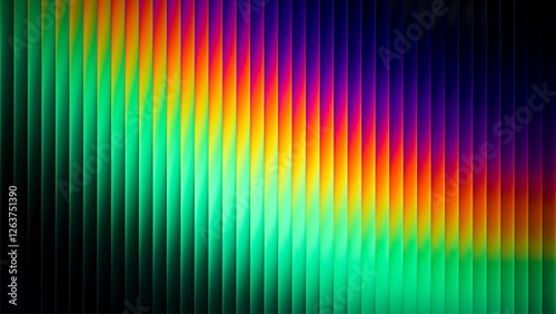 Futuristic ribbed texture with fractal glass effect and smooth fluted vertical lines of rainbow neon gradient. Bold and dynamic design blending bright colors and geometry visuals. Vector illustration