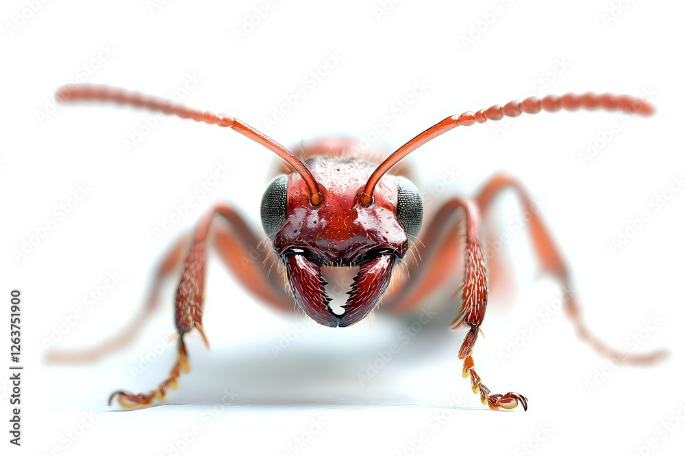 Extreme macro portrait of red ant head with antennae and mandibles on white background, isolated close-up showing detailed insect anatomy and compound eyes. Extreme macro portrait of red ant head with antennae and mandibles on white background, isolated close-up showing detailed insect anatomy and compound eyes.