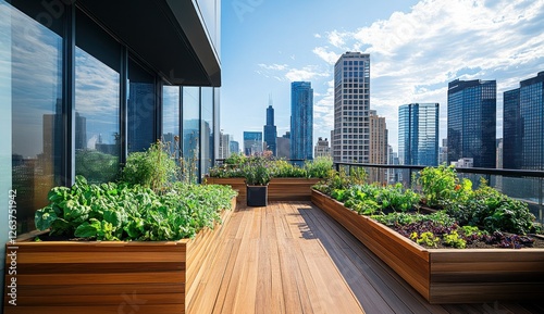 Urban Rooftop Garden with City Skyline View