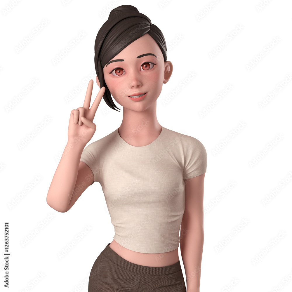 Portrait, half body 3D illustration of a casual girl in brown dressed. doing peace hand pose with left hand. Portrait, half body 3D illustration of a casual girl in brown dressed. doing peace hand pose with left hand.