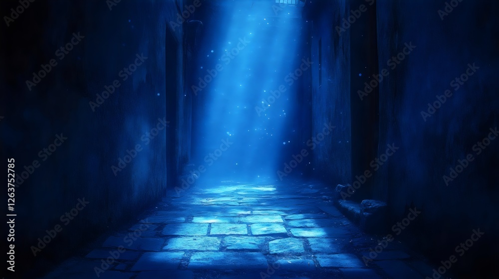 A dark blue hallway with a light shining on it A dark blue hallway with a light shining on it