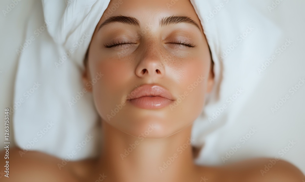 Young woman with glowing skin relaxing at spa treatment, wearing white towel on head, eyes closed in serene expression, wellness and skincare concept. Young woman with glowing skin relaxing at spa treatment, wearing white towel on head, eyes closed in serene expression, wellness and skincare concept.