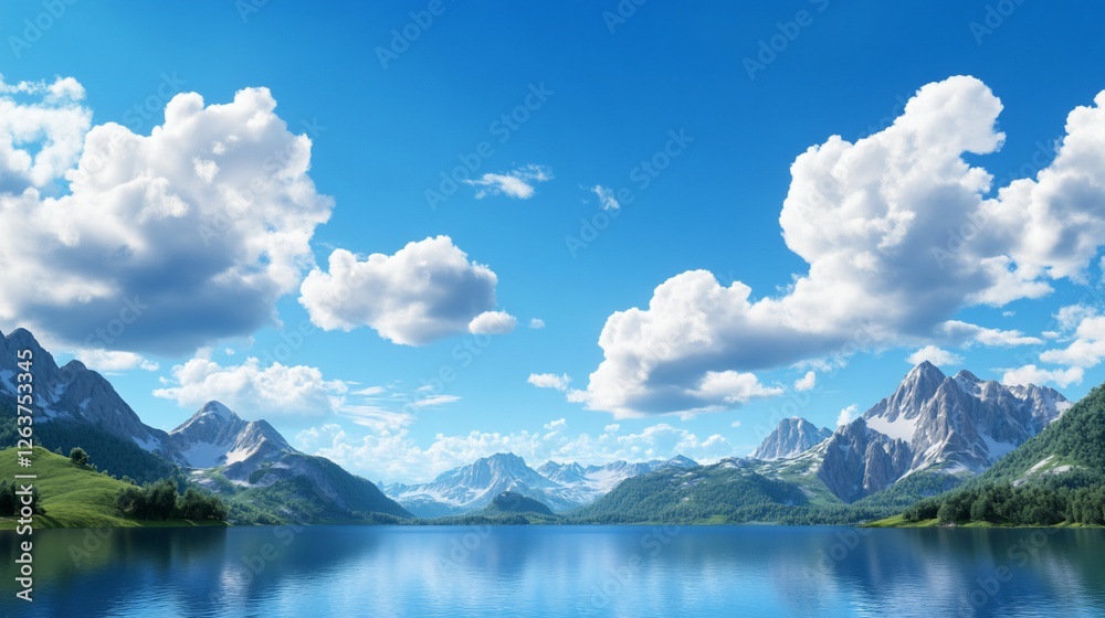 Fototapeta premium Serene mountain lake, sunny sky, idyllic landscape, travel poster