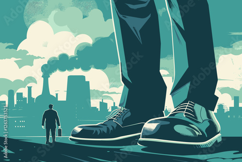 Small Businessman Facing Adversity from Large Corporate Foot