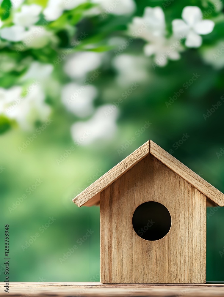 Wooden birdhouse on garden table against blurred spring background with white flowering branches, soft bokeh effect and natural green backdrop. Wooden birdhouse on garden table against blurred spring background with white flowering branches, soft bokeh effect and natural green backdrop.