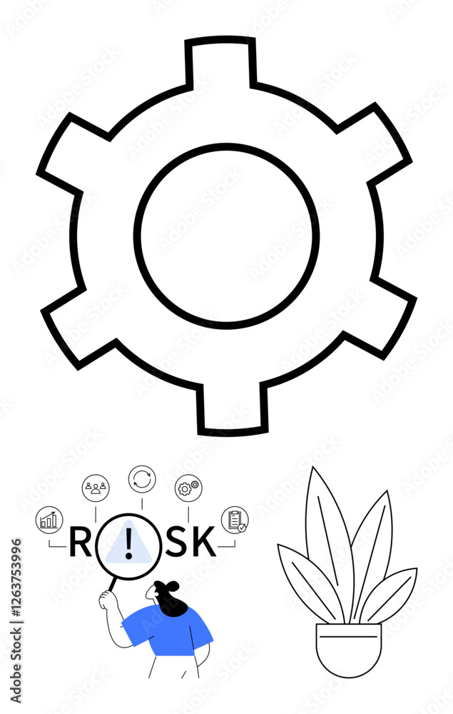 Gear icon, woman analyzing risk with magnifying glass, and potted plant representing growth. Ideal for productivity, strategy, planning, innovation, teamwork, workflow abstract line flat metaphor Gear icon, woman analyzing risk with magnifying glass, and potted plant representing growth. Ideal for productivity, strategy, planning, innovation, teamwork, workflow abstract line flat metaphor