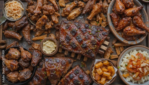 A delicious spread of game day foods with ribs, chicken wings.