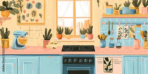 Beautiful flowers in a vase on a table of pastel modern kitchen on sunny day.
