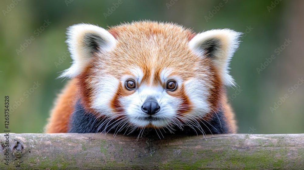 Fototapeta premium Red panda cub looking at camera, forest background, wildlife photography, zoo