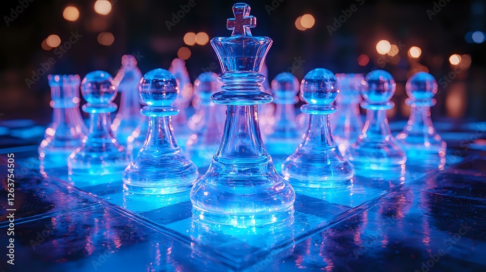 Glass chess pieces illuminated in vibrant neon blue light against dark background with glowing bokeh effects create dramatic atmosphere for strategy concept. Glass chess pieces illuminated in vibrant neon blue light against dark background with glowing bokeh effects create dramatic atmosphere for strategy concept.