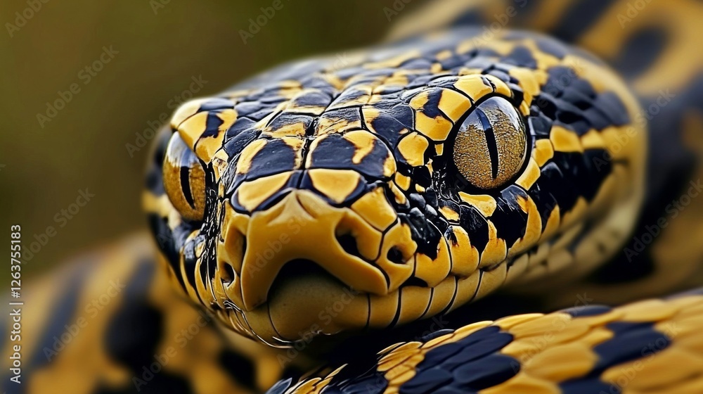 Obraz premium A stunning close-up of a vividly colored python snake, capturing intricate patterns and textures, embodying the beauty and wildness of nature in spectacular detail.