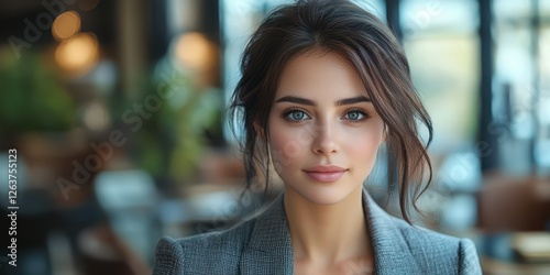 Young woman with captivating blue eyes in a modern cafe setting during the afternoon, radiating confidence and elegance