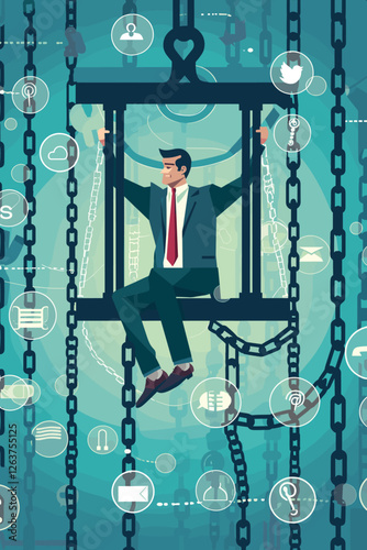 Social Media Addiction Enslaving Businessman Chained to Massive Commercial Icon