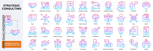Strategic Consulting, business management, consultant,  editable stroke outline icons sheet isolated on transparent background flat vector illustration. Pixel perfect. 64 x 64