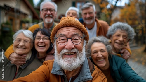 A vibrant group of happy seniors poses for a fun selfie, showcasing their strong bonds, laughter, and the joy of friendship against a beautiful autumn backdrop.