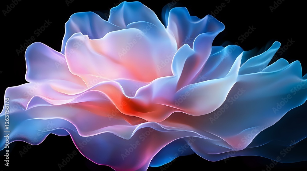 Ethereal abstract flower shape in glowing blue and coral pink tones against black background, featuring translucent flowing layers with soft luminous effect.