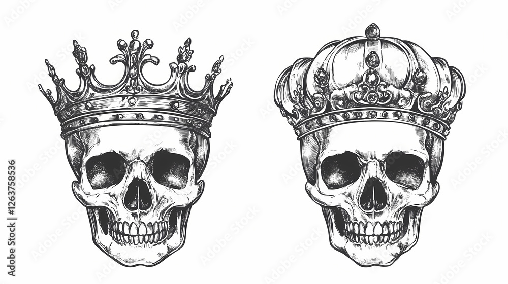 Fototapeta premium Skull in crown king monochrome illustration isolated. vintage crowning, elegant queen or king crowns, royal imperial coronation symbols. Gilded Skeleton Kings. Illustration