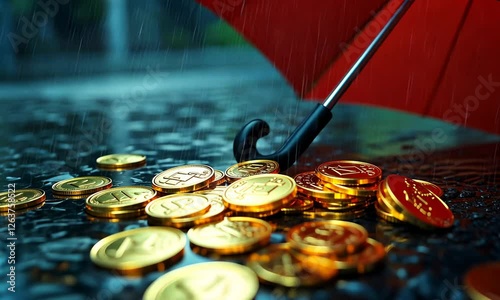 Golden coins standing under red umbrella with heavy rain in background. Concept of financial security and saving for the future or rainy day