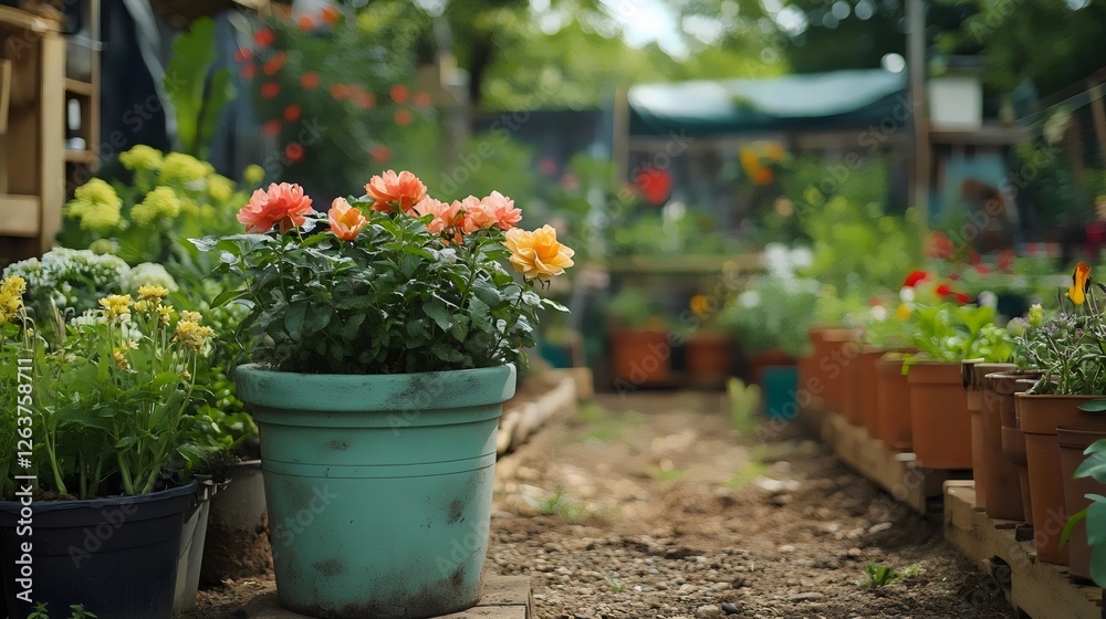 A garden with many potted plants and a green pot with flowers in it A garden with many potted plants and a green pot with flowers in it