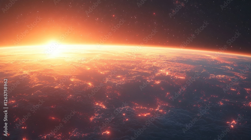 Fototapeta premium Sunrise over a fiery Earth from space. Possible use Scientific, educational, or inspirational material