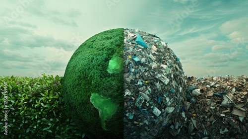 A globe split into lush greenery and trash, visually representing the contrast between environmental preservation and pollution, emphasizing sustainability. AI generated.