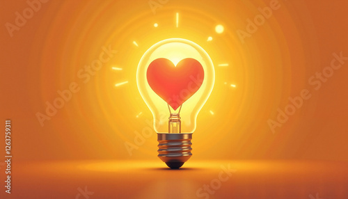 Light bulb with glowing heart inside, modern, warm tones, charity concept