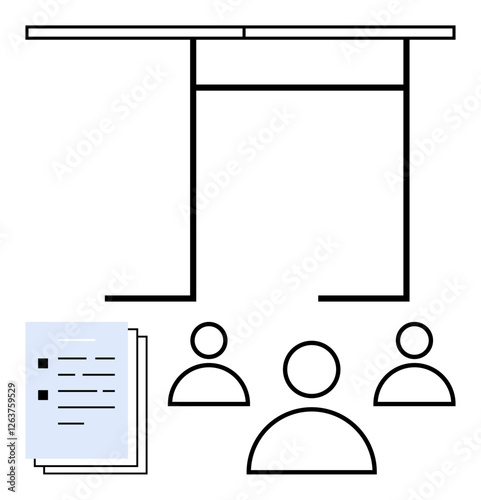 Minimalist illustration of a projection screen, document stack with agenda, and three figures representing an audience. Ideal for meetings, presentations, teamwork, conferences, office communication