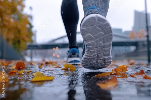 A runner strides through a waterlogged urban environment, surrounded by vibrant autumn leaves, illustrating the beauty of nature intermingling with urban fitness pursuits. photo