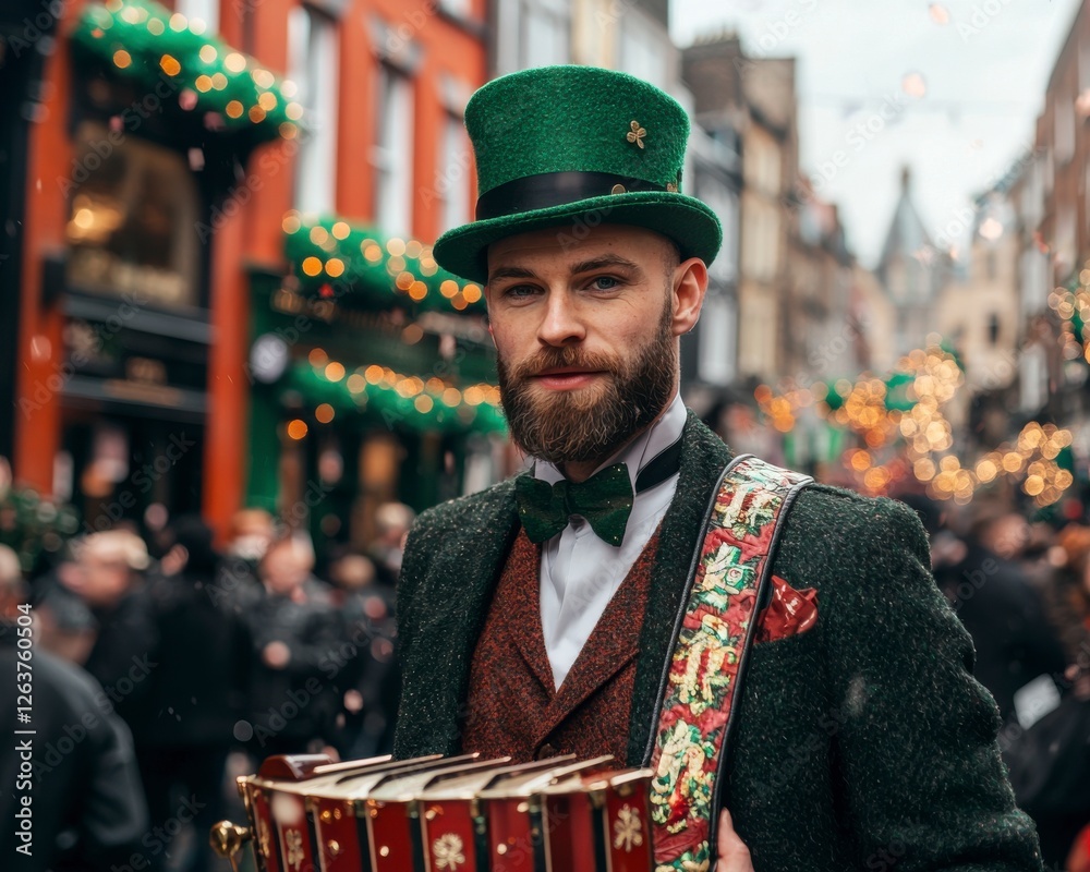 Fototapeta premium Stylish man in green hat and suit playing accordion during festive street celebration