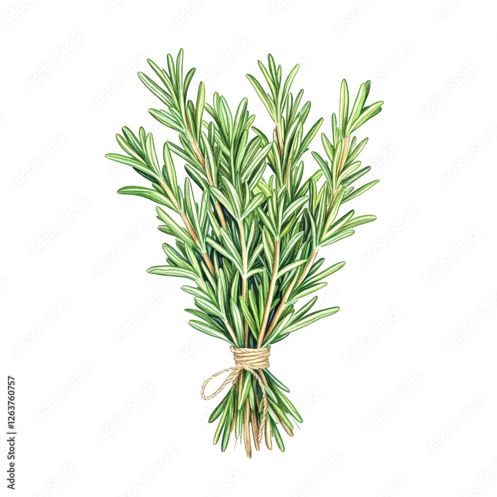 A bunch of wild rosemary sprigs with slender green leaves, artistically arranged and tied with a thin twine, delicate illustration with soft texture, transparent background, PNG A bunch of wild rosemary sprigs with slender green leaves, artistically arranged and tied with a thin twine, delicate illustration with soft texture, transparent background, PNG