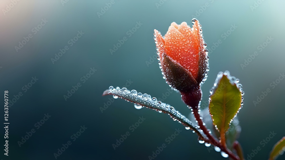 Delicate orange rosebud with morning dew drops on stem and leaves against dark blurred background, macro photography capturing nature's tranquil moment. Delicate orange rosebud with morning dew drops on stem and leaves against dark blurred background, macro photography capturing nature's tranquil moment.