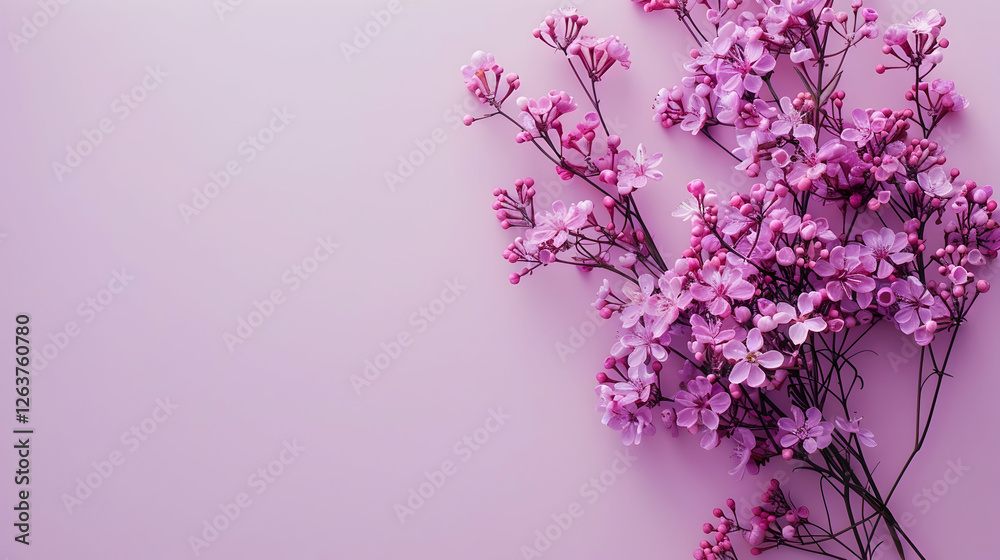 Delicate pink flowers arranged artistically on a soft lavender background, evoking tranquility Delicate pink flowers arranged artistically on a soft lavender background, evoking tranquility