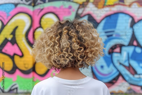 Female with curly blonde hair standing against a vibrant graffiti wall. Curly Urban Vibe, Bold Style