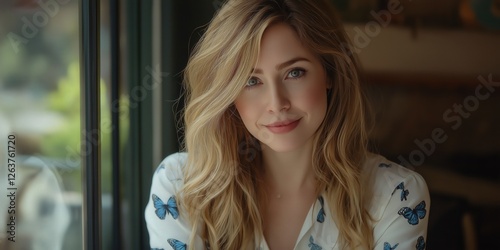 Close-up of a radiant woman with long, wavy blonde locks, donning a crisp white blouse adorned with vivid blue butterflies. Her eyes sparkle as the collar gently frames her face photo