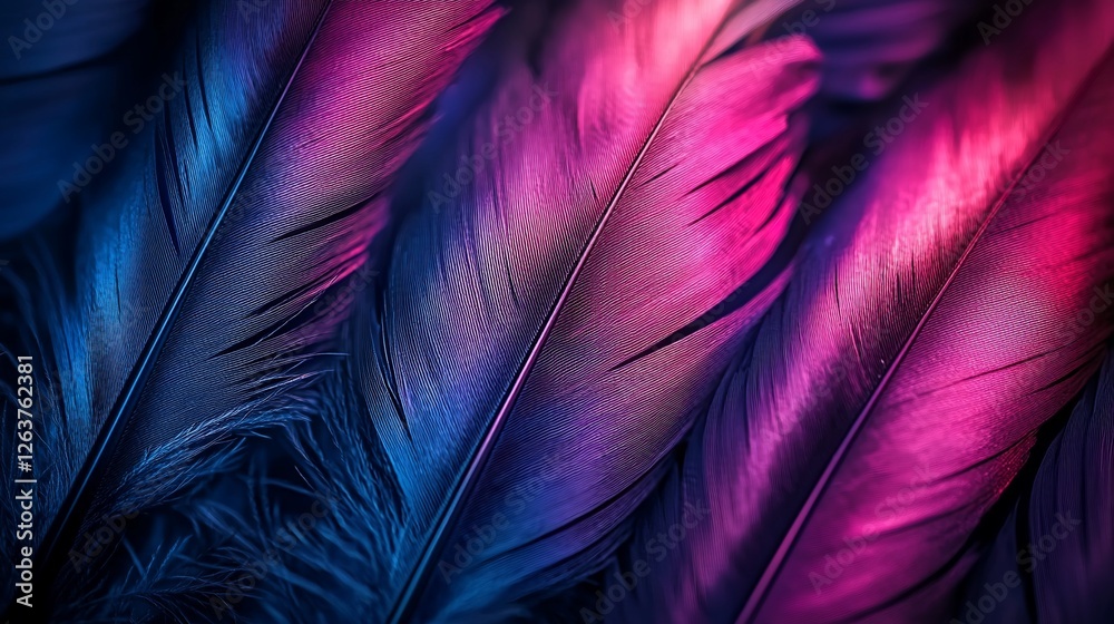 Fototapeta premium Vivid Pink Blue Feathers Close Up Macro Background