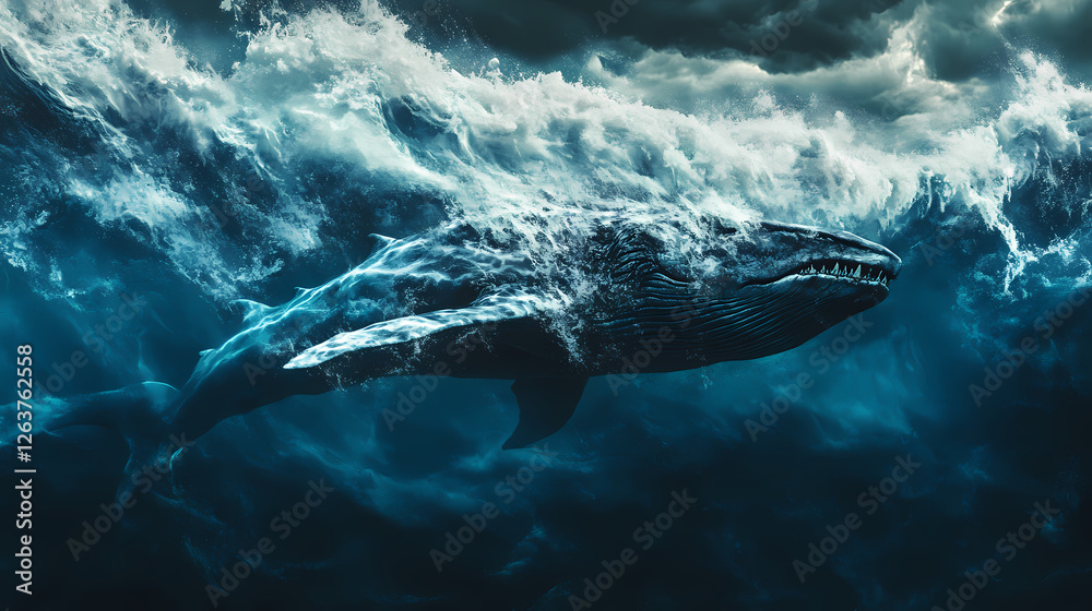 Fototapeta premium Terrifying sea leviathan rising from turbulent ocean depths for horror movie posters and thrilling book cover artwork. Stormborn Leviathans. Illustration