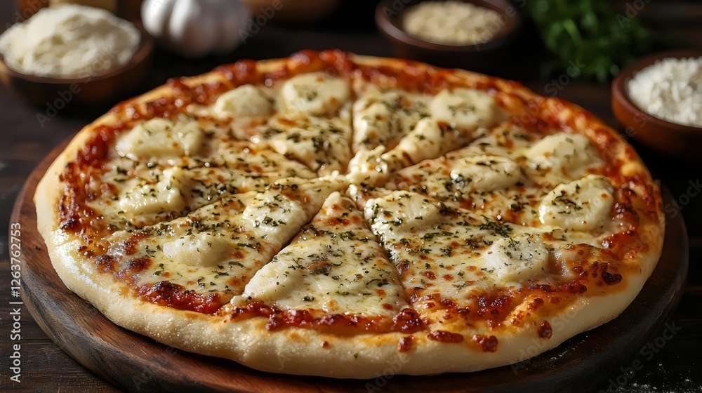A pizza with cheese and herbs on top of a wooden board A pizza with cheese and herbs on top of a wooden board