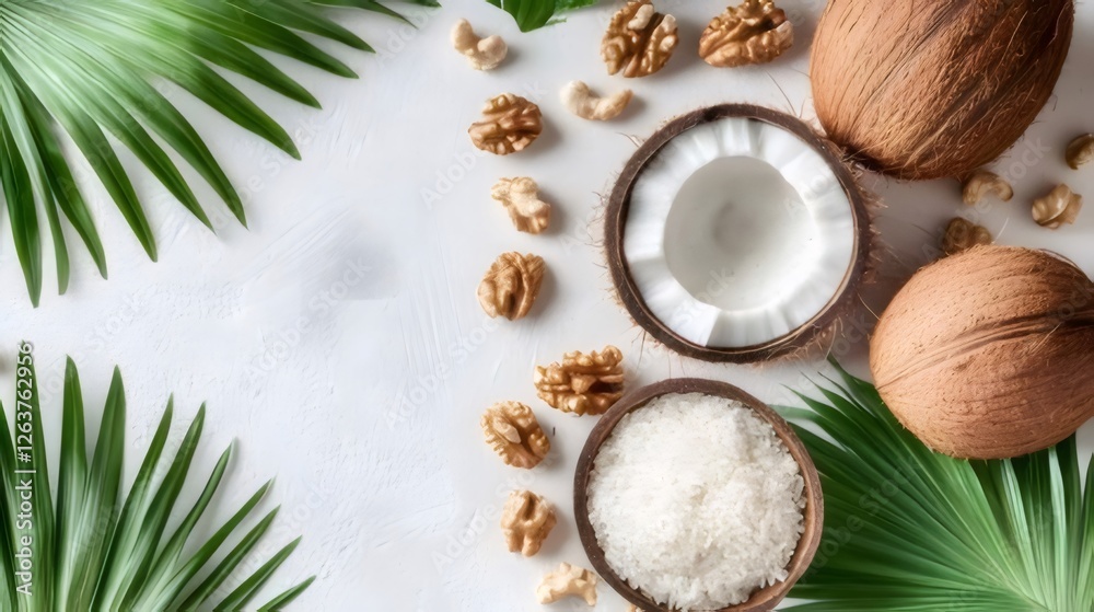Flat lay of coconuts, walnuts, and coconut flakes on white background with palm leaves. Flat lay of coconuts, walnuts, and coconut flakes on white background with palm leaves.