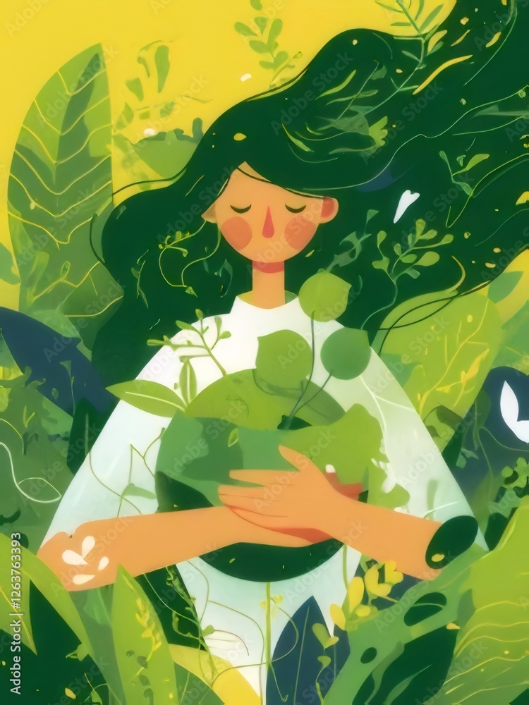 Woman embracing nature, surrounded by lush green plants. Woman embracing nature, surrounded by lush green plants.