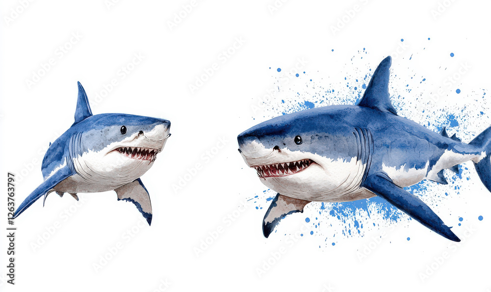 Obraz premium Vibrant Illustration of Two Sharks Swimming with Dynamic Splash Effects on a White Background for Creative Projects and Marine Life Themes