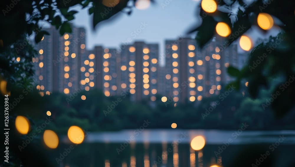 Fototapeta premium Evening Cityscape with Lake Reflection and Bokeh Lights